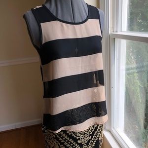 Flowy tank w/ black/tan stripe & black-lace panel